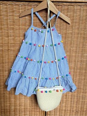 Tommy Bahama Light Blue and White Striped Pom-Pom Sundress